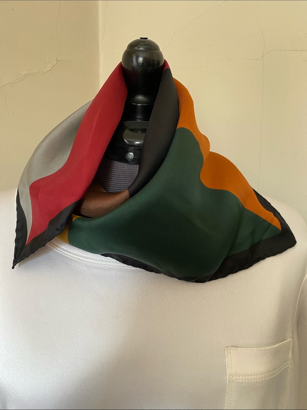 Colorblock Silk Scarf in Green, Rust, Red, Black and Gray